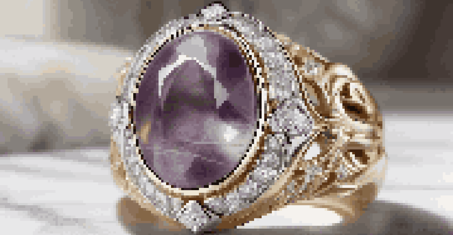 A custom ring with a large oval gemstone and diamonds on a marble surface, reflecting light beautifully.