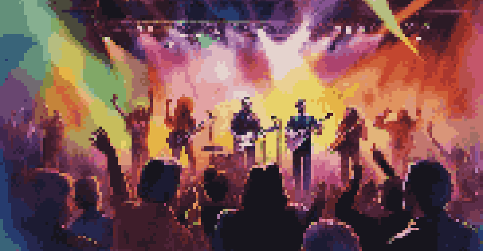 A lively band performing on stage with colorful lights and an excited audience, creating a vibrant concert atmosphere.