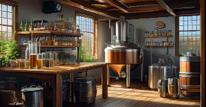 A warm and inviting home brewing setup with a wooden table, fermentation equipment, and brewing ingredients.