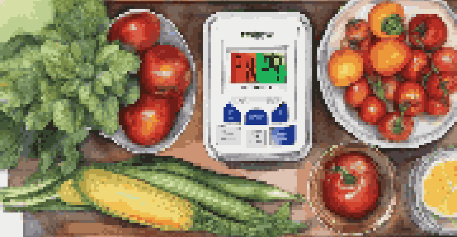 An overhead view of a kitchen counter with a digital pH meter, fresh vegetables, and canning jars, bright and inviting.
