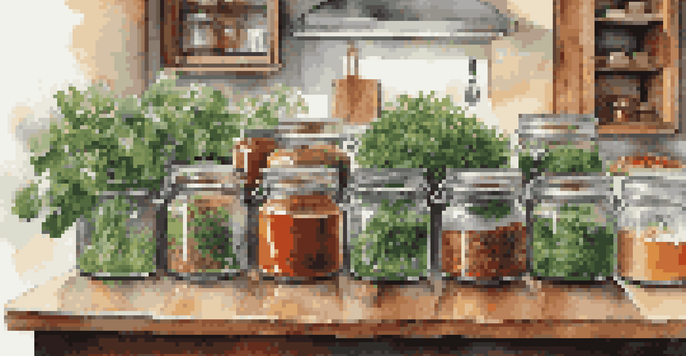 A kitchen countertop with colorful herbs and spices in jars, illuminated by warm natural light.