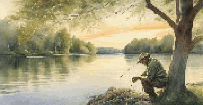 A fisherman tying a Fisherman’s Knot at the edge of a lake with sunlight reflecting on the water.