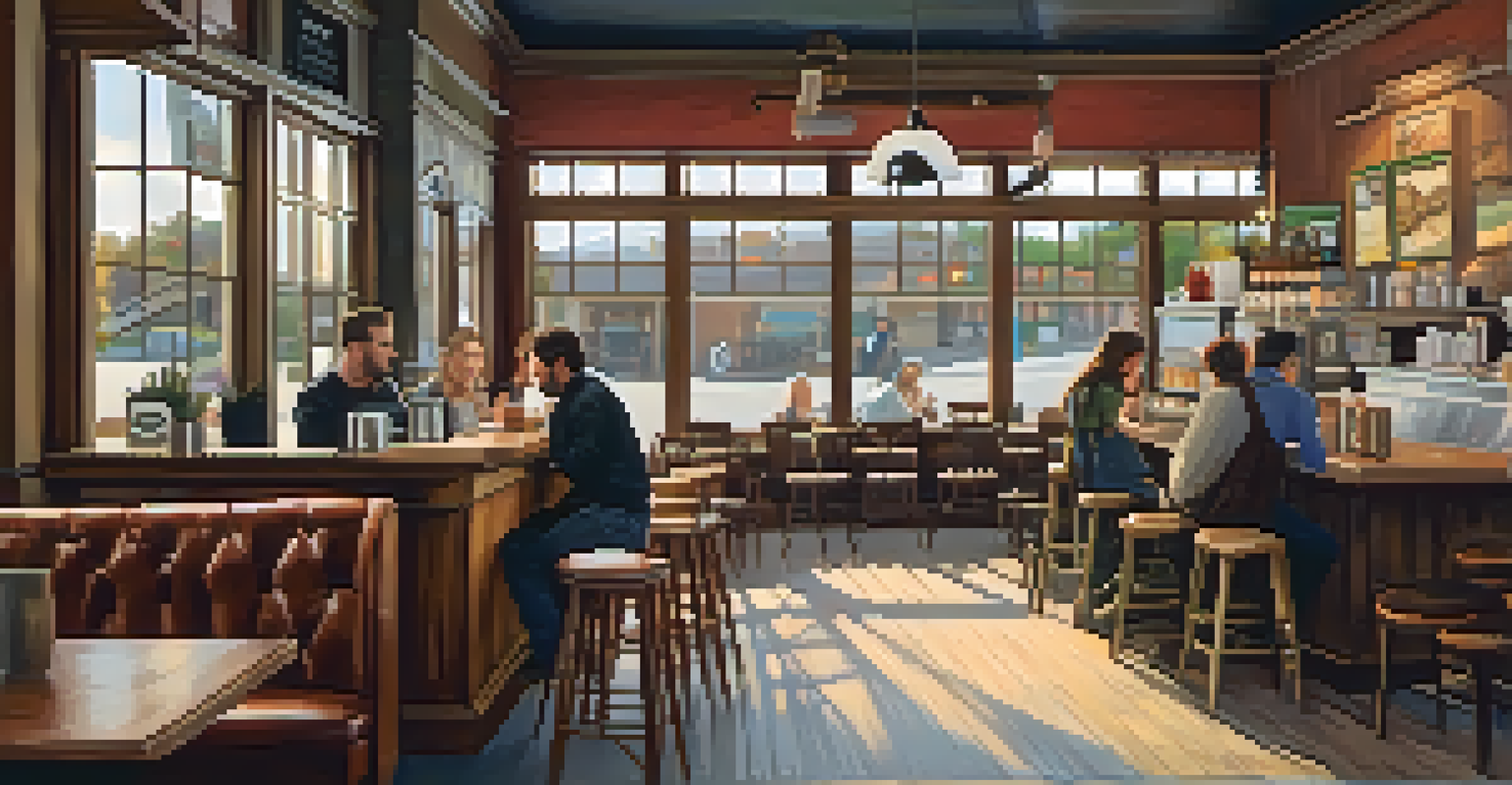 An inviting coffee shop filled with patrons, wooden furniture, and large windows, with a barista preparing drinks behind the counter.