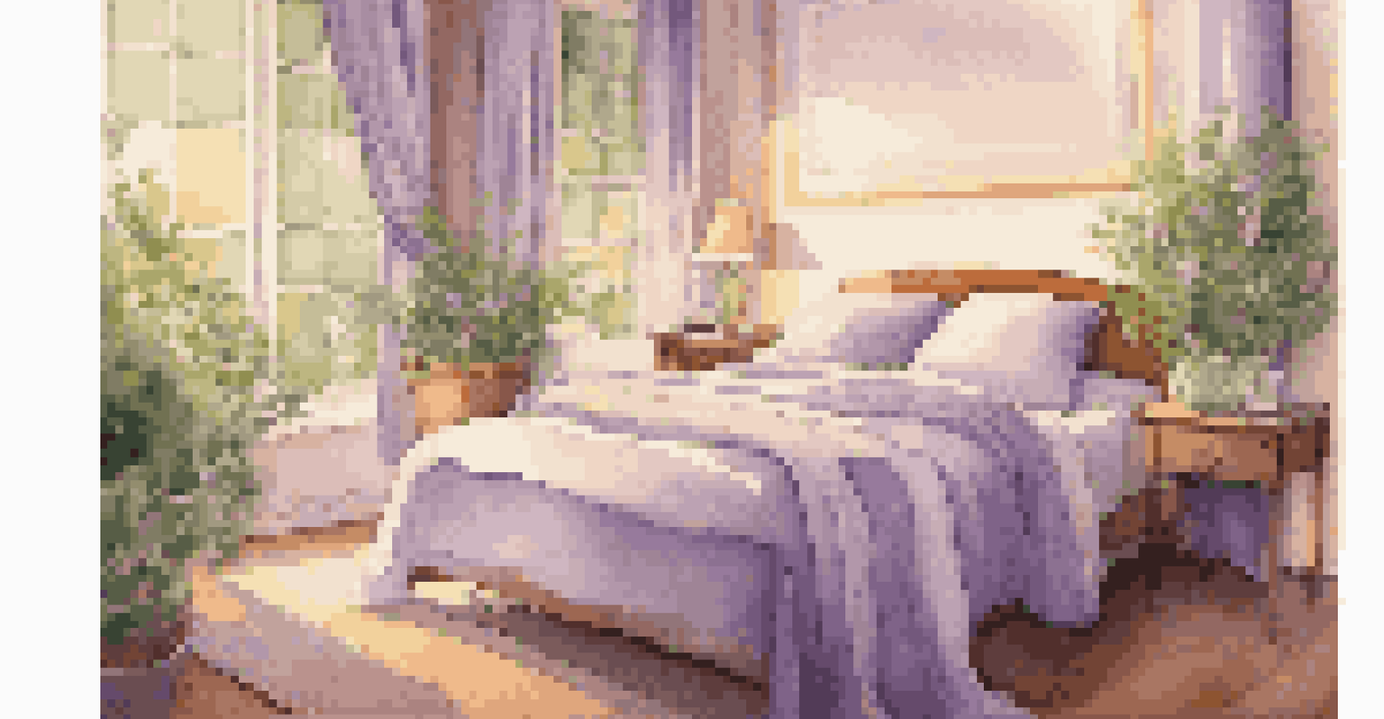 A serene bedroom with lavender and jasmine plants on a bedside table.
