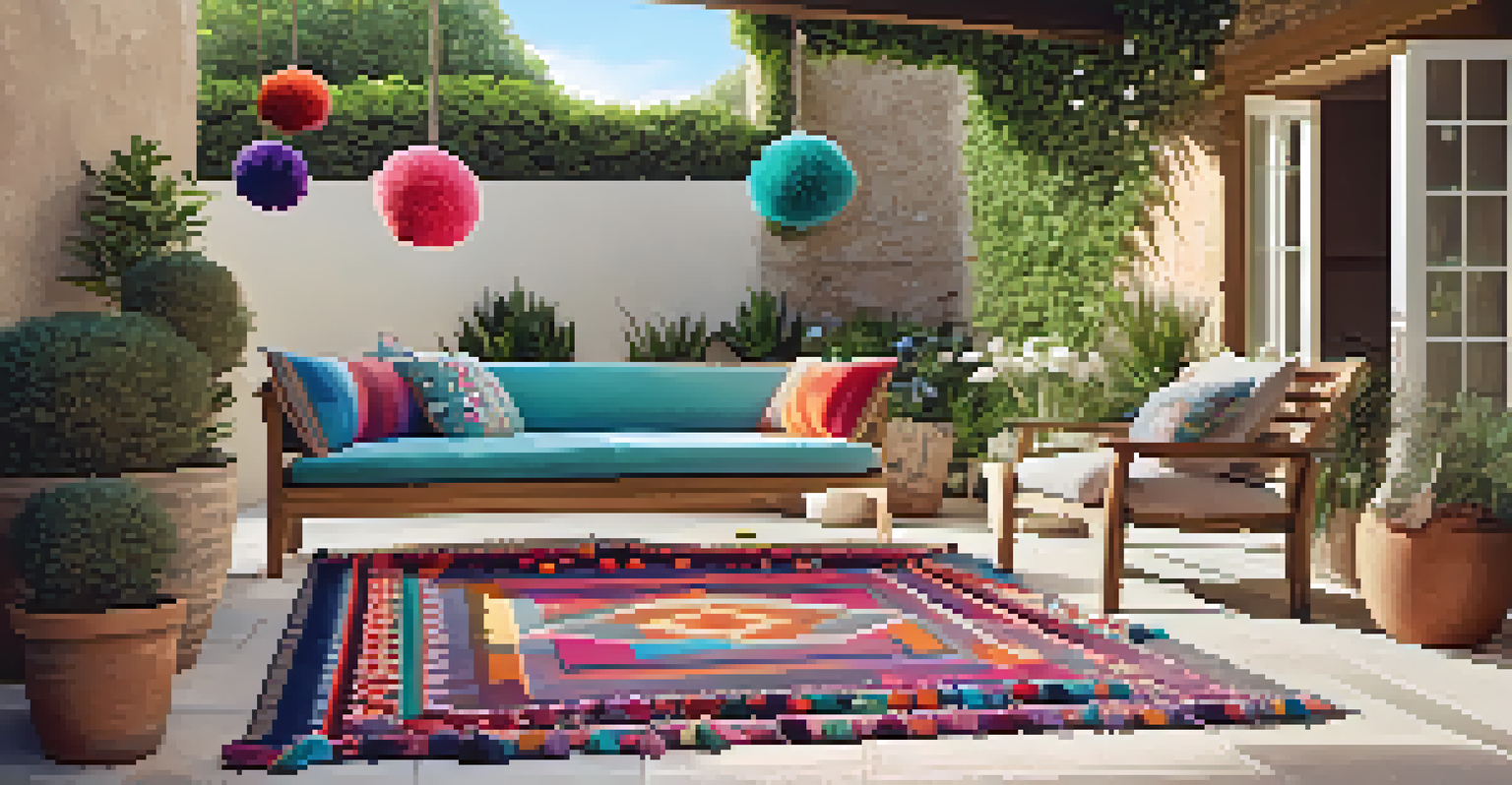 An outdoor patio with a colorful synthetic fiber rug and potted plants under sunlight.