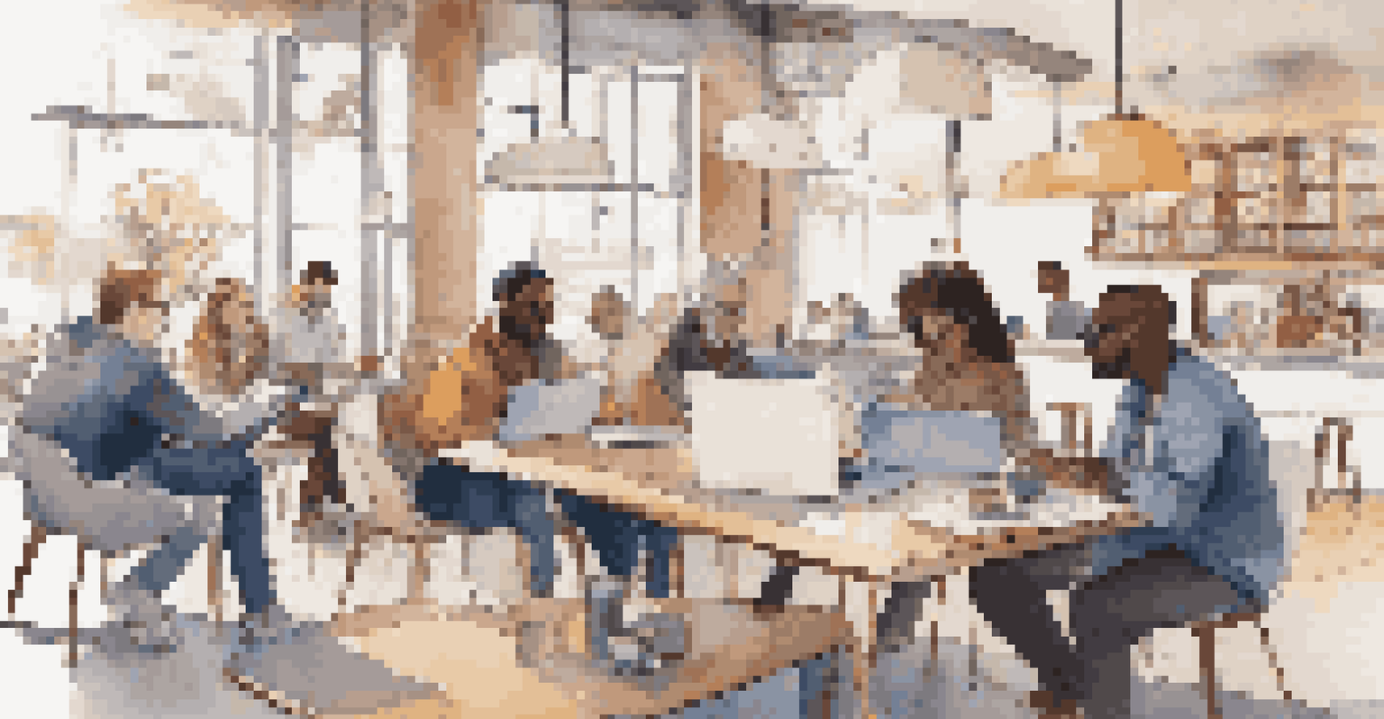 A diverse group of people in a café discussing literature around laptops, with coffee cups and notes on the table.