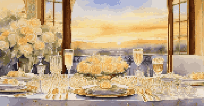 A festive table setting with Champagne, elegant tableware, and soft candlelight, illuminated by a sunset.
