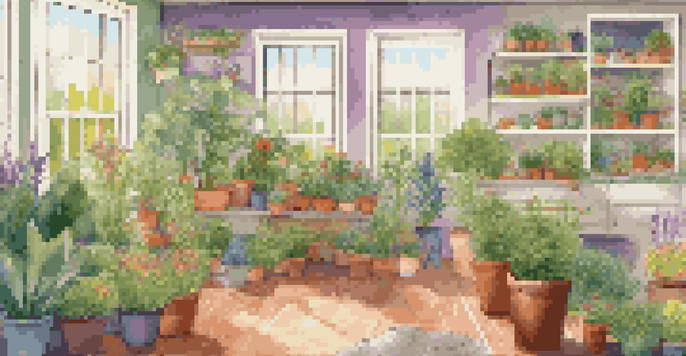 A cozy home office with digital screens displaying various vibrant garden designs, filled with colorful flowers and lush greenery under soft sunlight.