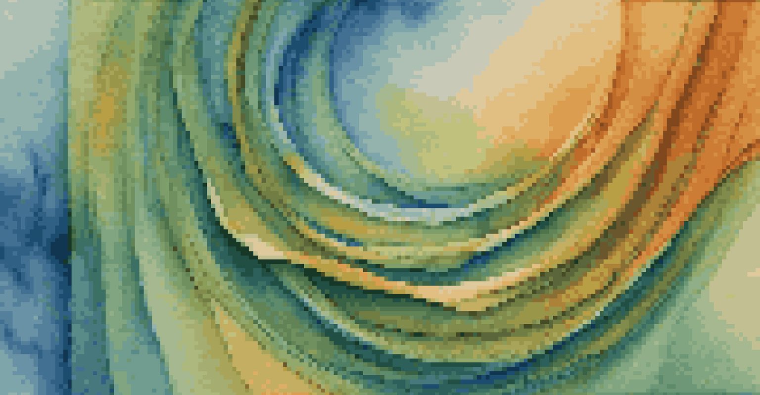 An abstract artwork with swirling layers of blue, orange, and green pastels, showcasing texture and depth.