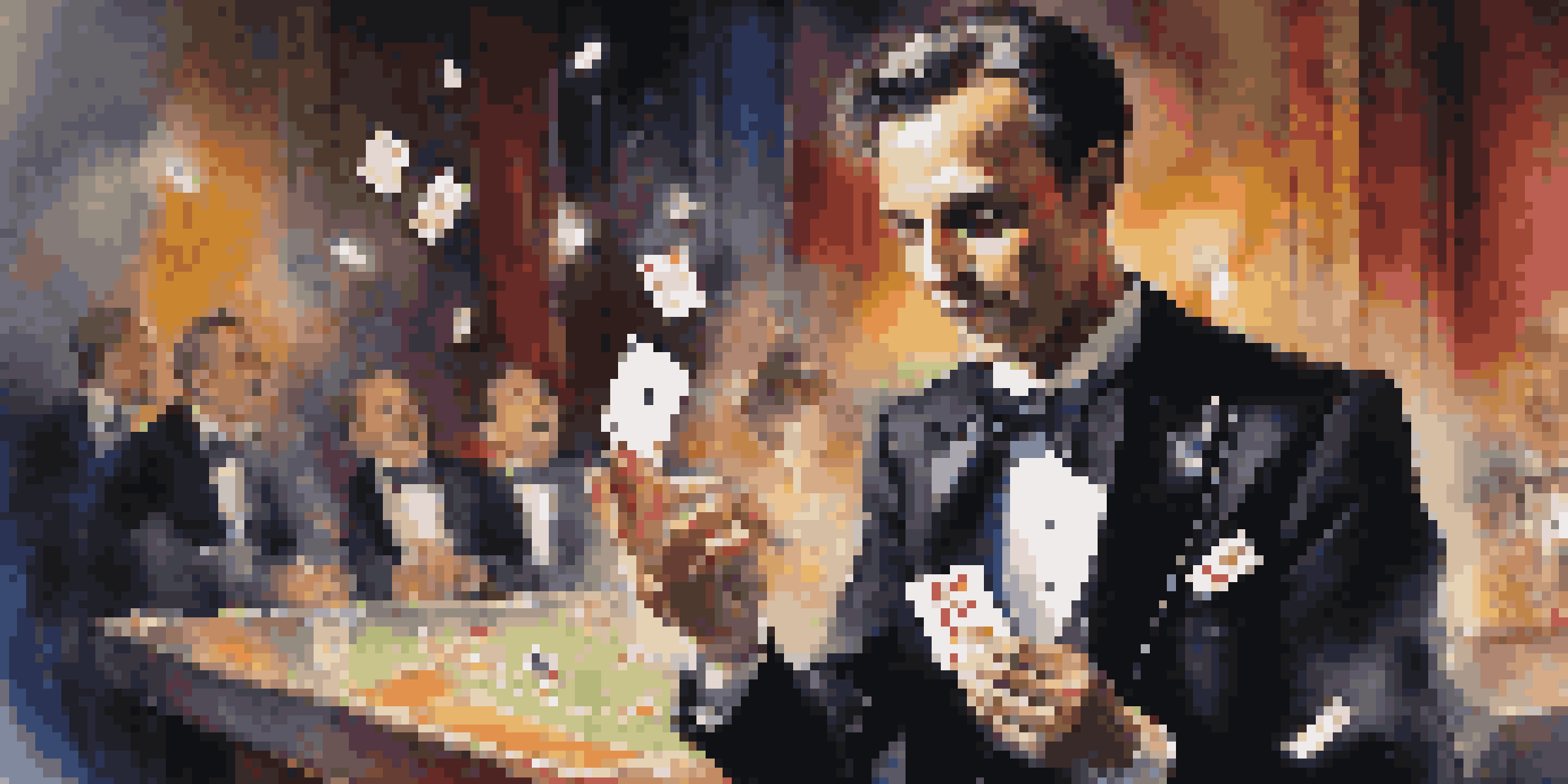 A magician in a tuxedo performing a card trick with colorful playing cards flying in a dimly lit room.