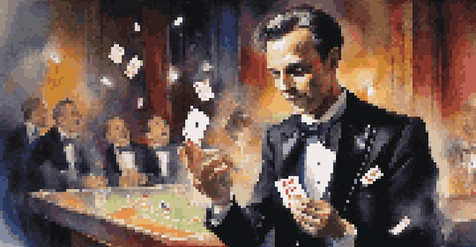 A magician in a tuxedo performing a card trick with colorful playing cards flying in a dimly lit room.