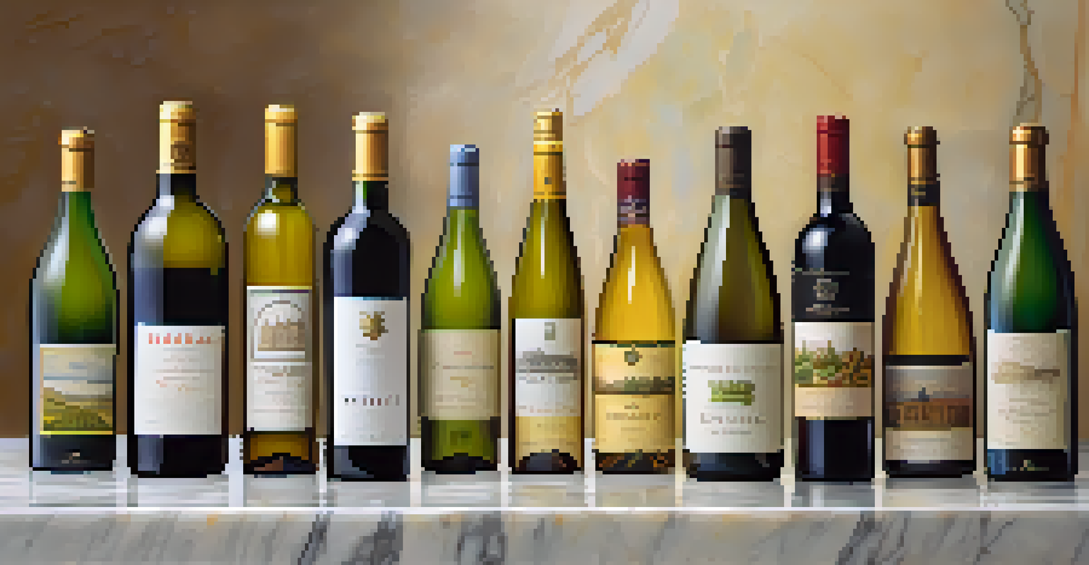 An artistic display of Riesling wine bottles from different regions on a marble countertop, surrounded by grapes and wine glasses.
