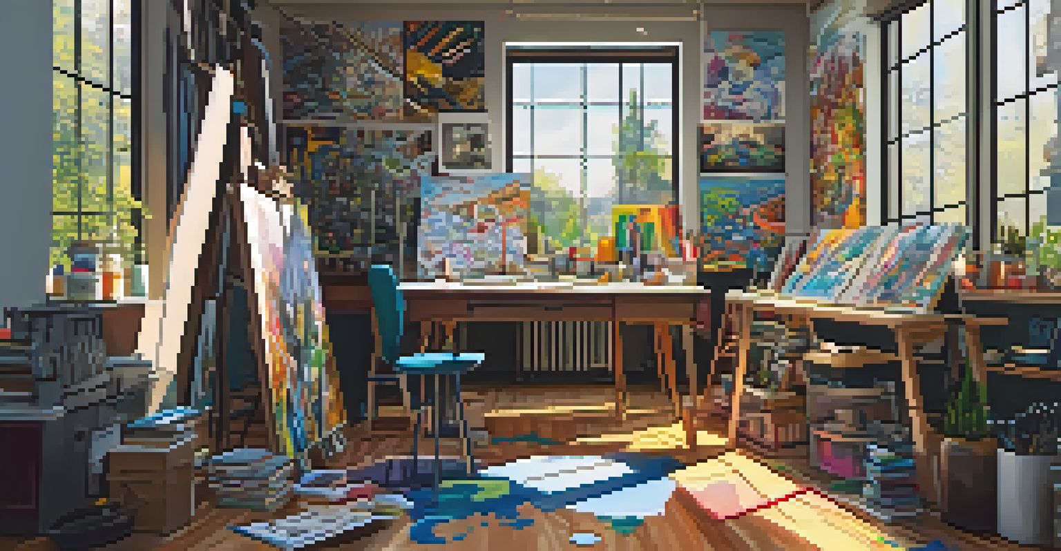 An artist's studio with a vibrant workspace featuring an easel, colorful paints, and comic art on the walls, illuminated by natural light.