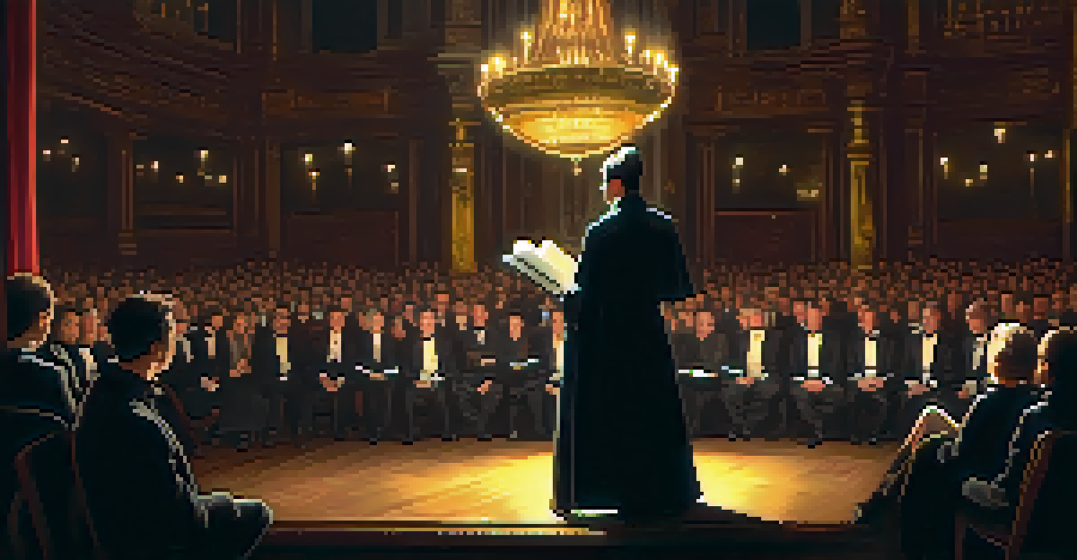 A magician narrating a story on stage with an open book and candlelight, while the audience watches intently.