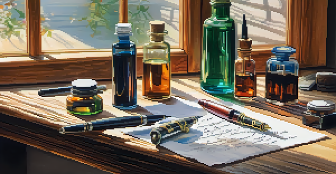 A calligraphy workspace with a fountain pen, colorful ink bottles, and paper on a wooden table, illuminated by soft natural light.