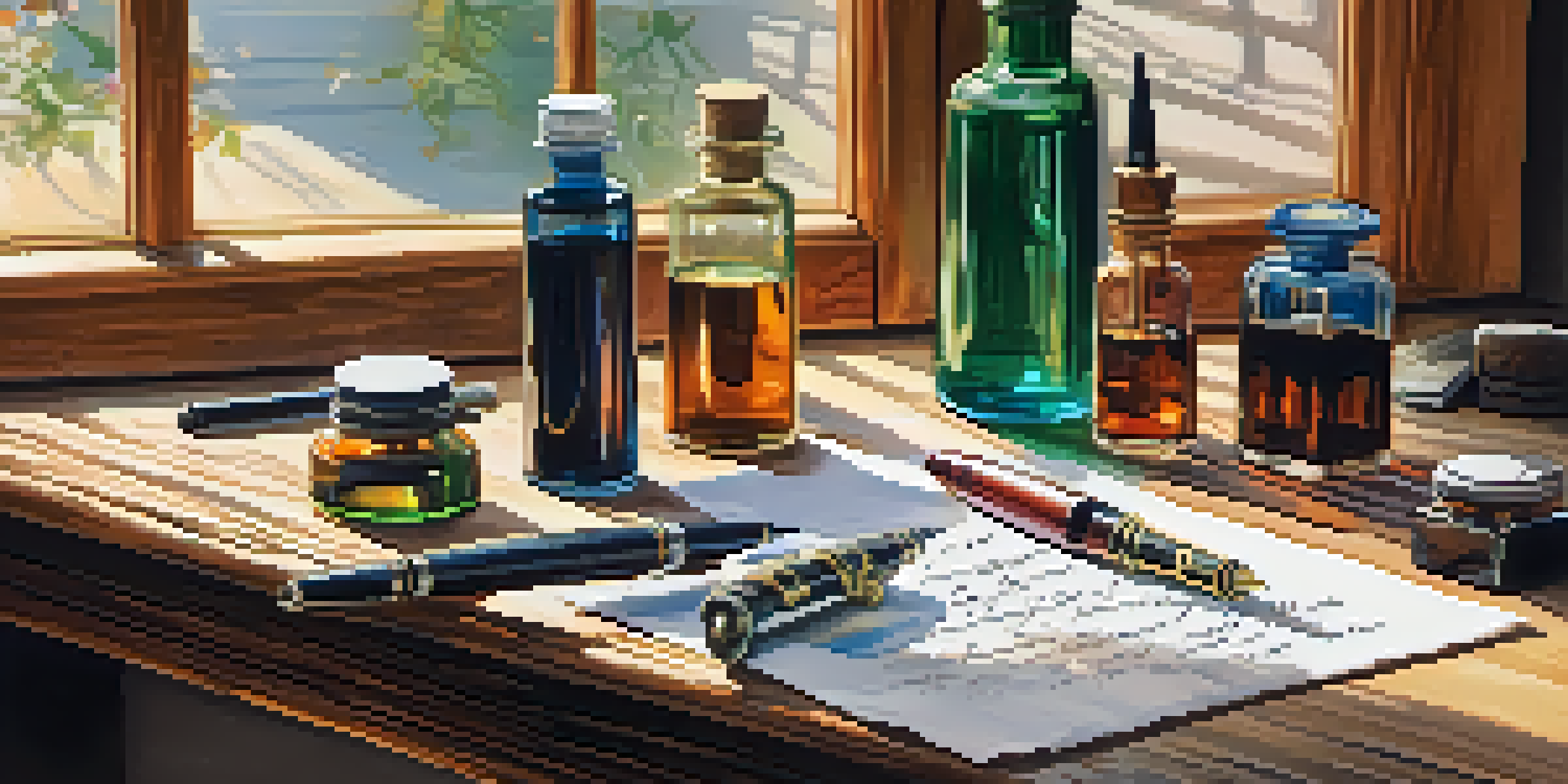 A calligraphy workspace with a fountain pen, colorful ink bottles, and paper on a wooden table, illuminated by soft natural light.