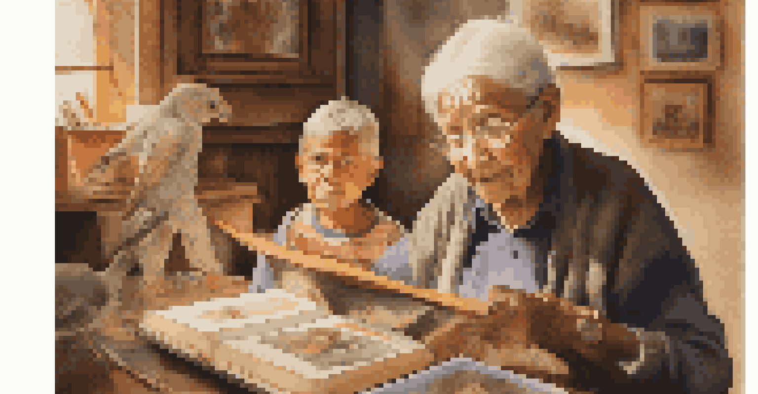An elderly person sharing stories with children, surrounded by photo albums and artifacts, in a warm and inviting setting.