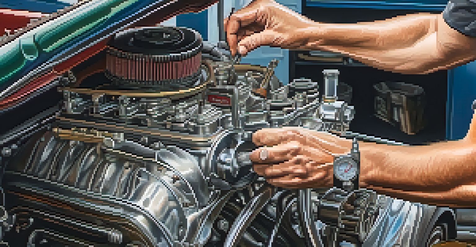 A technician's hands working on a classic car engine, with tools around and a blurred shop background.