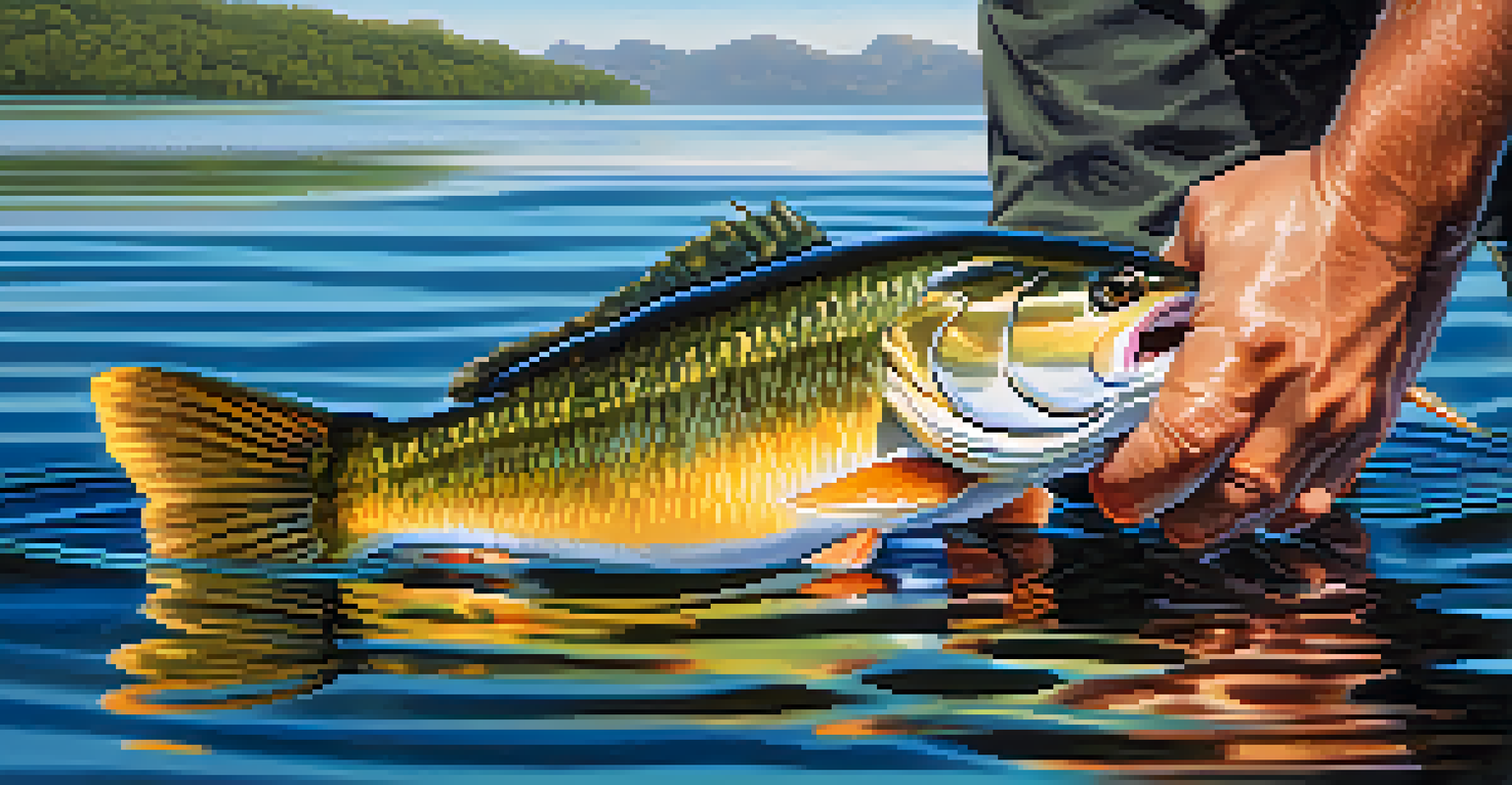 A close-up of an angler's hands holding a colorful fish above water, with a tranquil lake in the background.