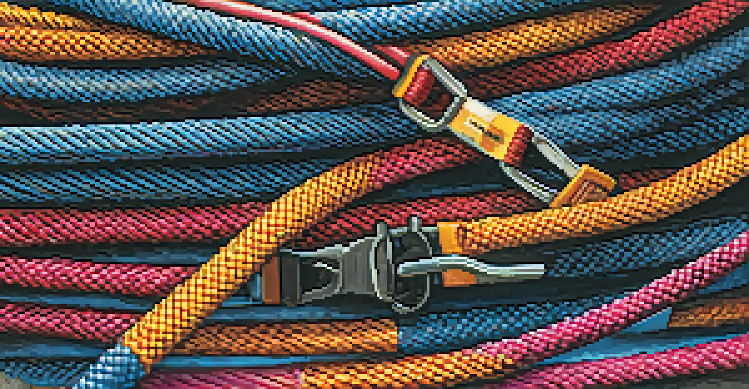 A close-up view of a colorful bungee harness and coiled bungee cord, highlighting safety equipment.