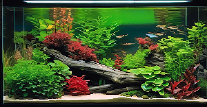 An aquascaped aquarium with various plants, rocks, and driftwood, enhanced by soft lighting.