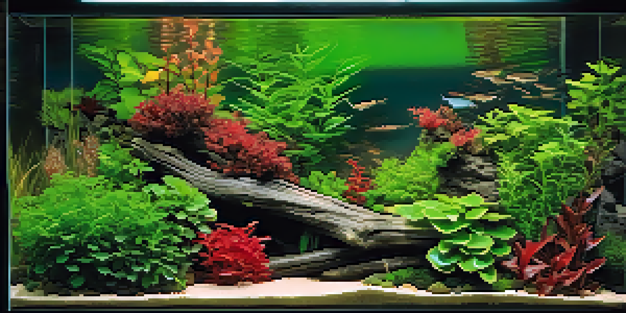 An aquascaped aquarium with various plants, rocks, and driftwood, enhanced by soft lighting.
