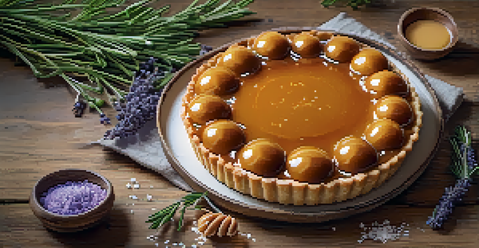 A close-up view of a caramel sea salt tart, adorned with coarse sea salt and surrounded by fresh herbs on a wooden table.