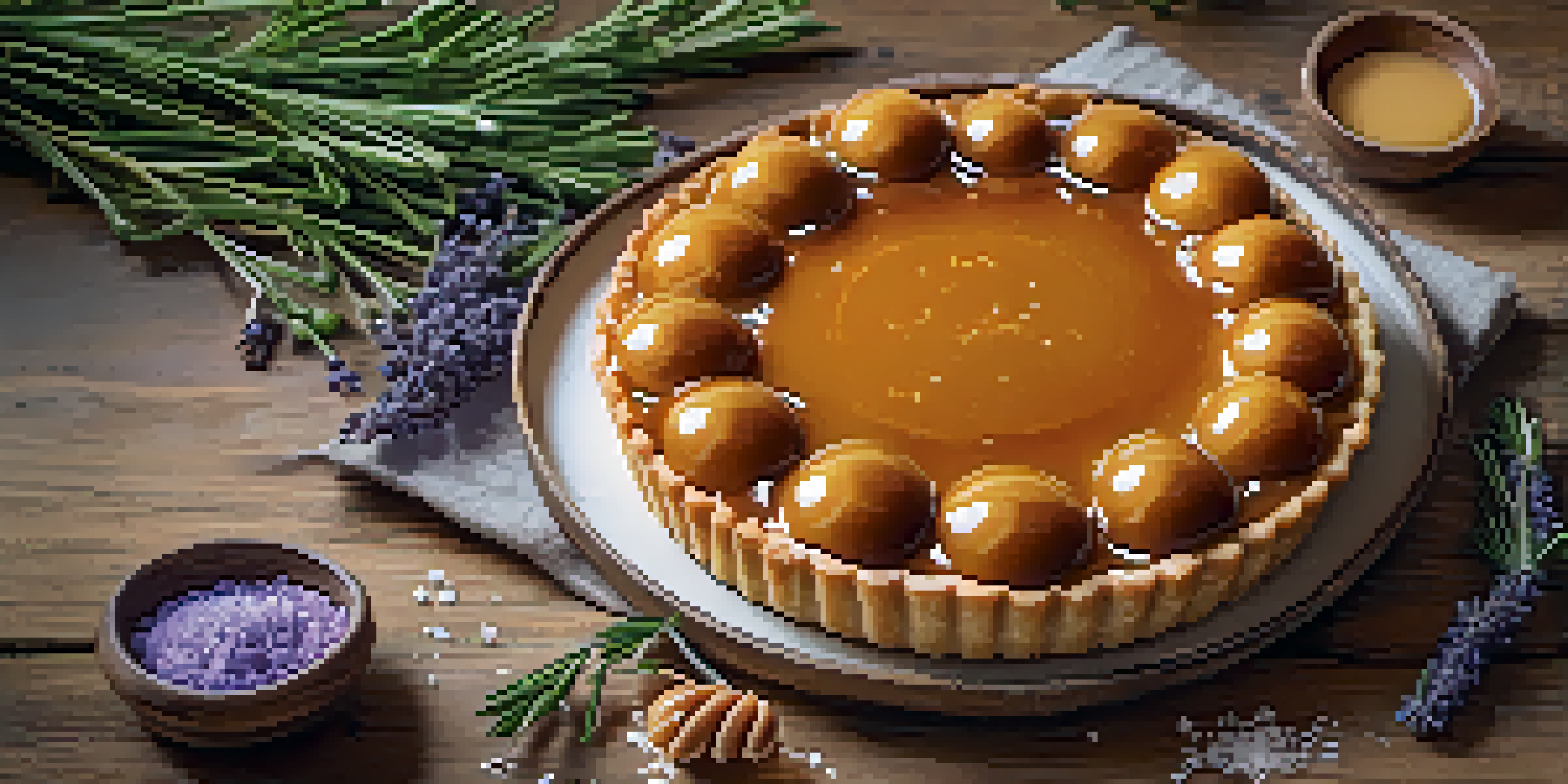 A close-up view of a caramel sea salt tart, adorned with coarse sea salt and surrounded by fresh herbs on a wooden table.