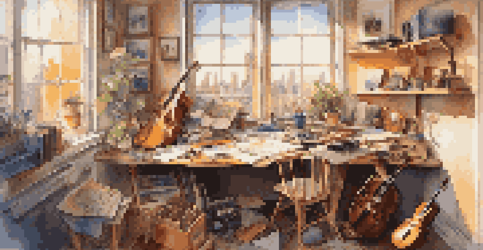 An artist's workspace with musical instruments, colorful sketches, and a view of a vibrant cityscape through a window.