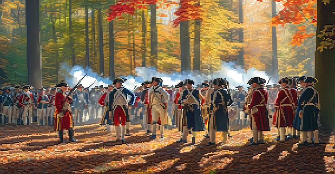 A reenactment of a Revolutionary War battle in a colorful forest, showing participants in period costumes with sunlight filtering through trees.