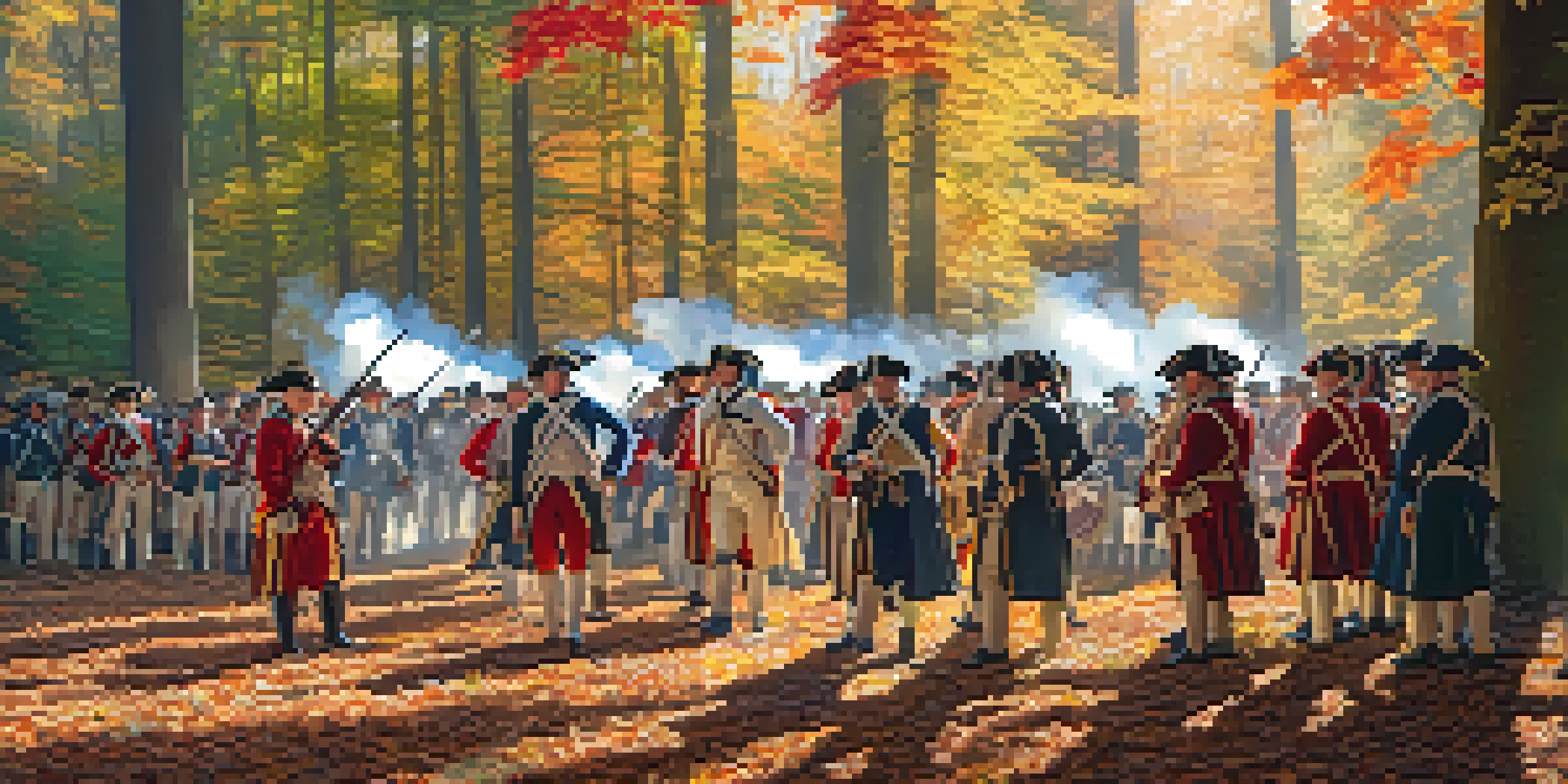A reenactment of a Revolutionary War battle in a colorful forest, showing participants in period costumes with sunlight filtering through trees.