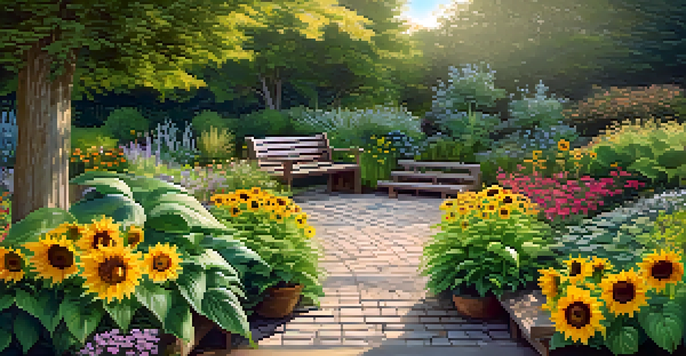 A peaceful garden with a curved gravel path, vibrant flowers, and a cozy wooden bench under soft sunlight.