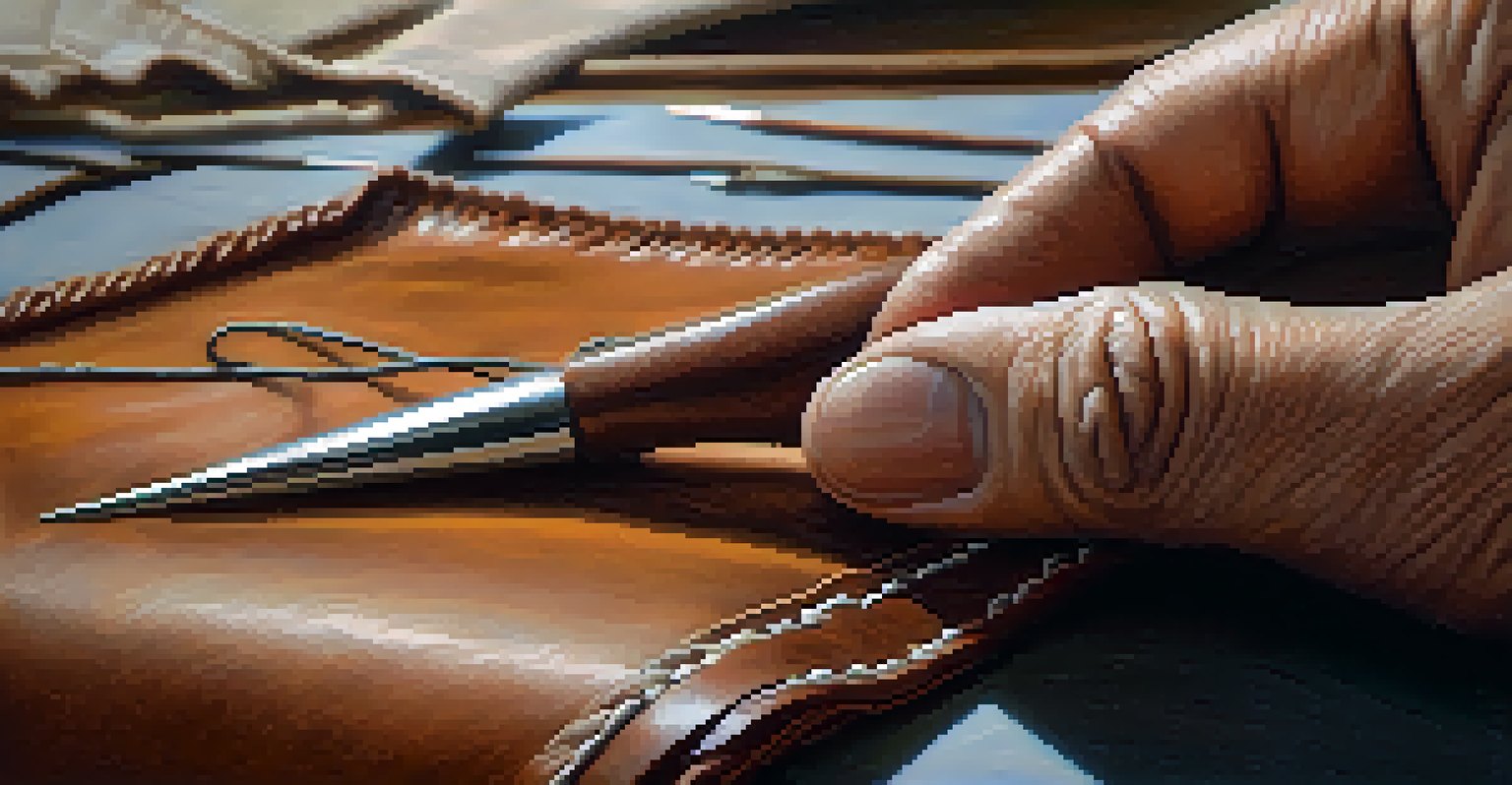 A close-up of hands stitching leather together with a needle and thread, emphasizing craftsmanship.