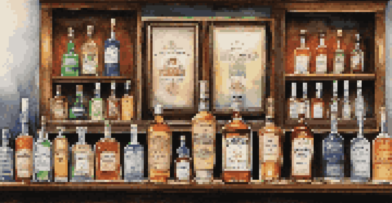 A display of various bottles of homemade spirits on a bar counter with soft lighting and a chalkboard sign reading 'Alcohol by Volume'.