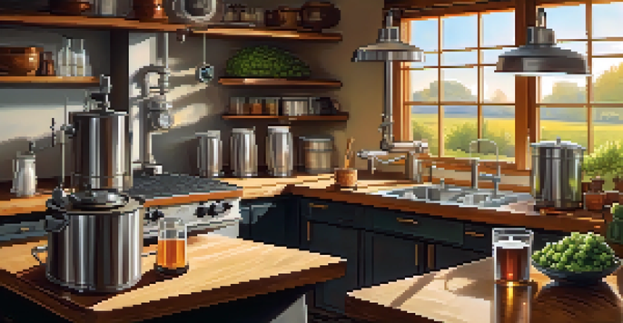 A home brewing setup in a kitchen with a brewing kettle, ingredients, and sunlight streaming through a window.