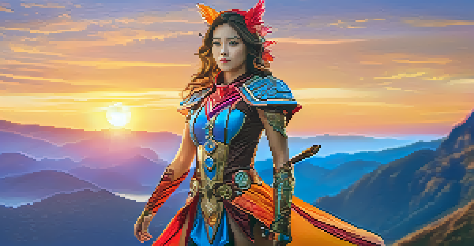 A cosplayer in a detailed costume posing against a sunset backdrop during an outdoor photoshoot.