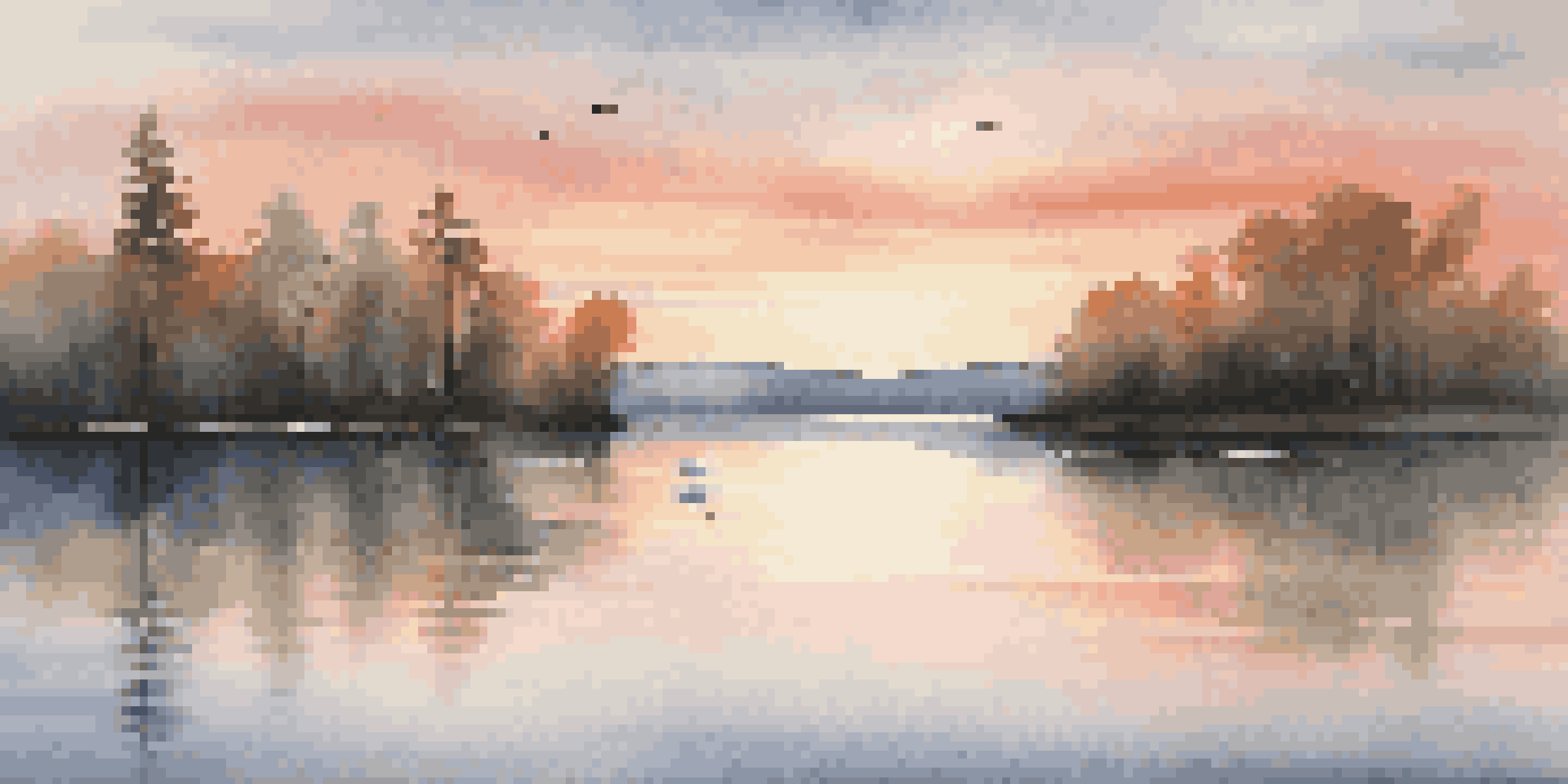 A tranquil lake surrounded by tall trees at sunset, with a swan gliding on the water.