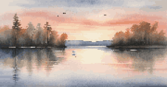 A tranquil lake surrounded by tall trees at sunset, with a swan gliding on the water.