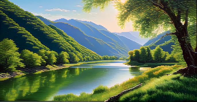 A peaceful river flowing through a green valley with mountains in the background and a clear blue sky.