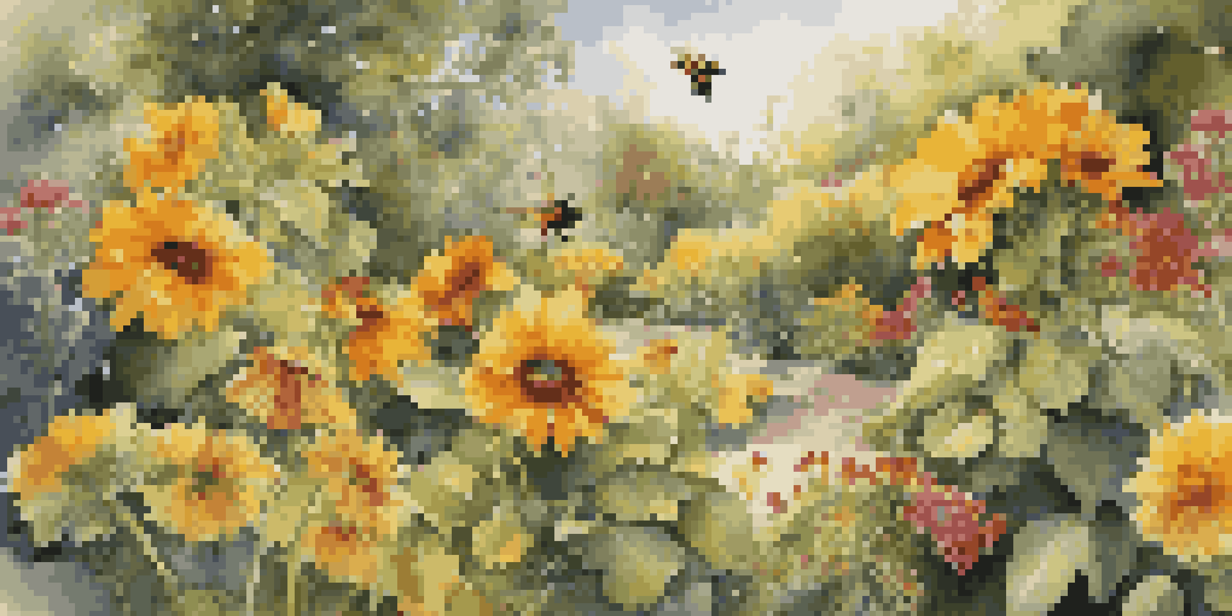 A colorful garden filled with native flowers, bees, and ladybugs, illuminated by sunlight.