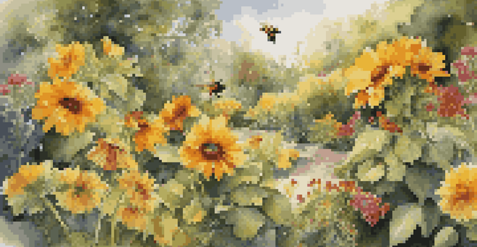 A colorful garden filled with native flowers, bees, and ladybugs, illuminated by sunlight.