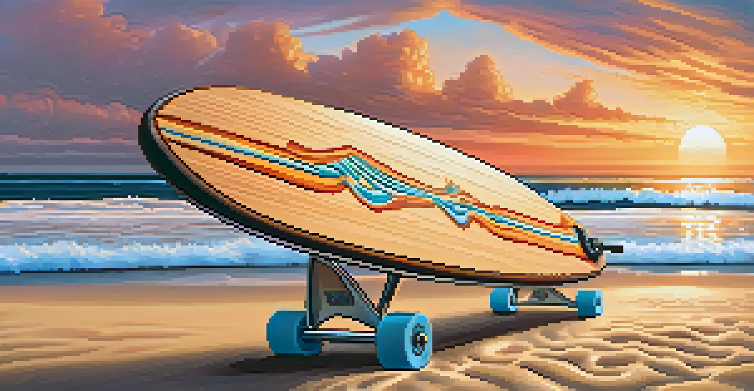 A detailed close-up of a longboard surfboard with artistic designs on the sand, with ocean waves and a sunset in the background.