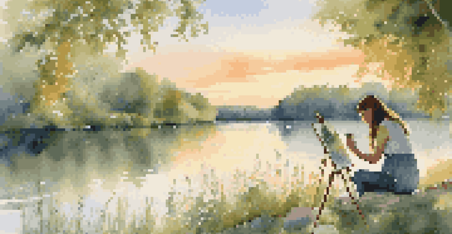 An artist painting a landscape by a riverbank at sunset, surrounded by lush nature.