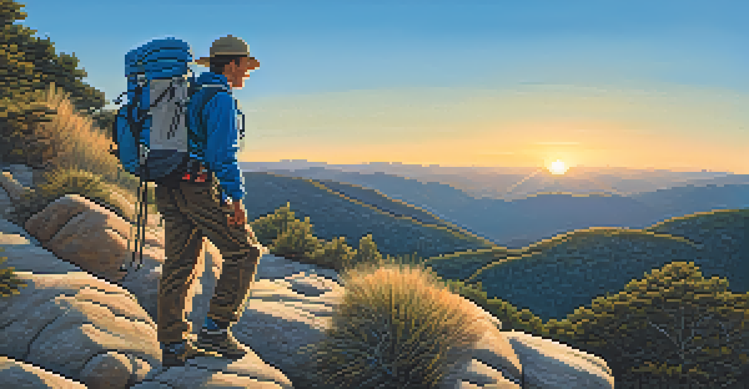 A hiker adjusting the straps of their backpack on a mountain trail during sunset.