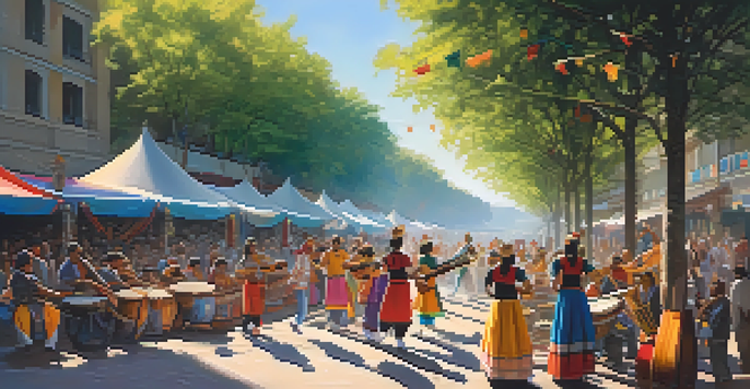 A diverse group of musicians playing traditional instruments at an outdoor festival, surrounded by colorful banners and a joyful crowd.