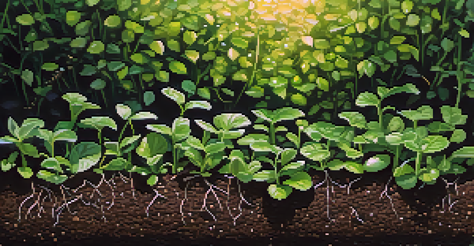 A close-up view of healthy garden soil with seedlings emerging, rich in organic matter, and sunlight filtering through plants.