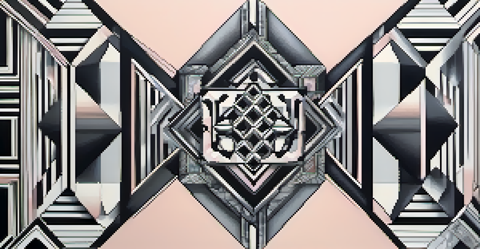 A geometric tattoo on a forearm with symmetrical patterns in black and gray against a pastel background.