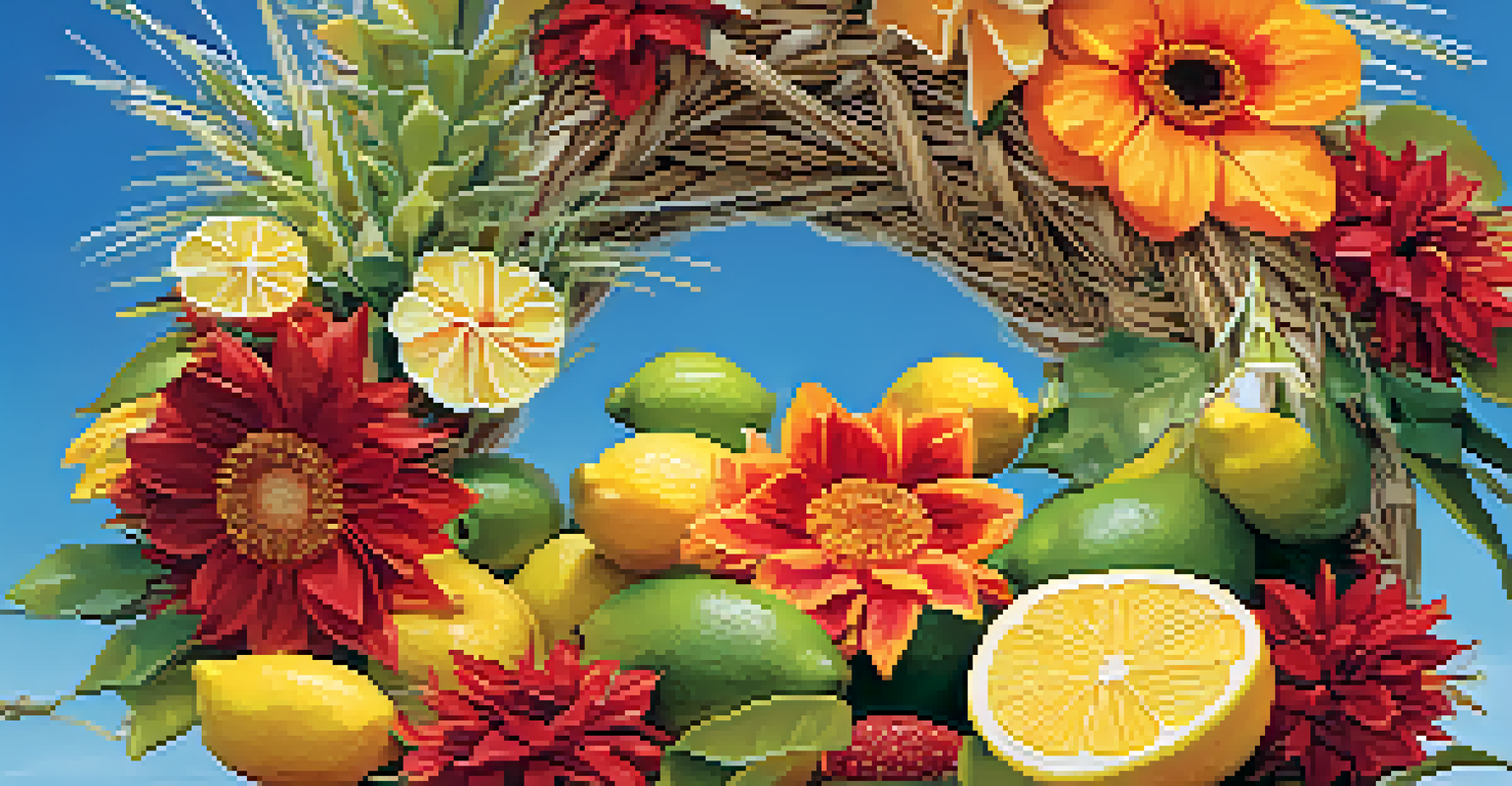 A summer wreath made of straw and bright flowers, adorned with faux fruits and ribbons, under a clear blue sky.