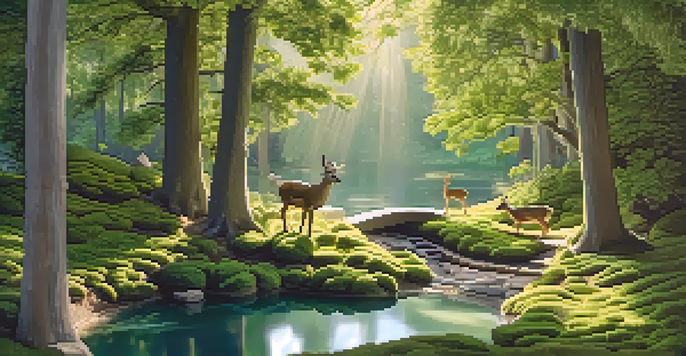 A tranquil forest scene in miniature, with trees, a path, a pond, and small animal figures.