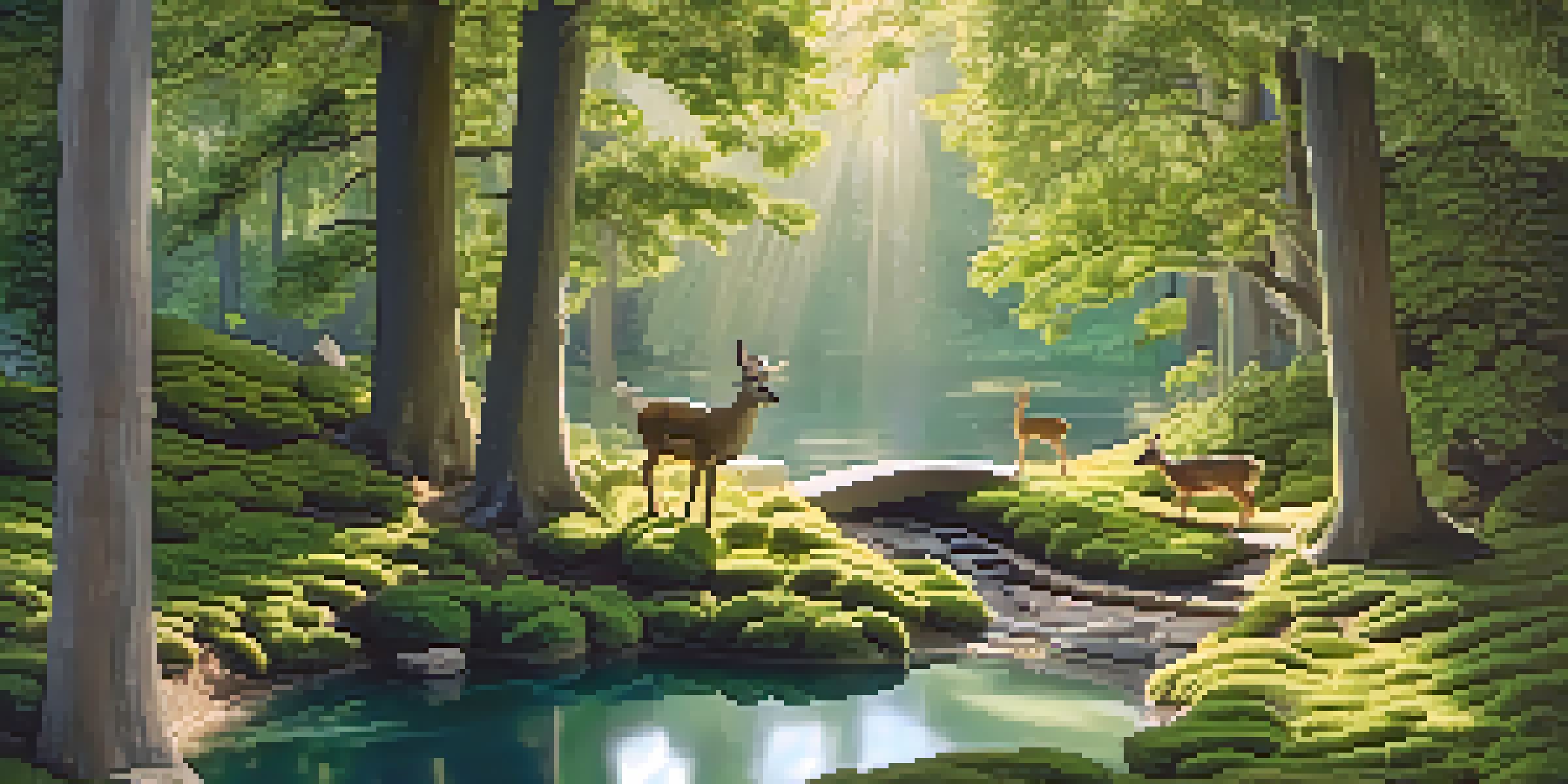 A tranquil forest scene in miniature, with trees, a path, a pond, and small animal figures.